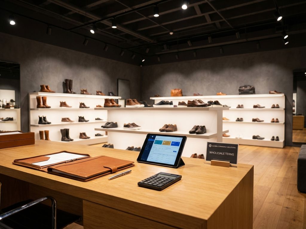 Professionele B2B schoengroothandel showroom met zakelijke betalingselementen op houten bureau en schoencollecties op rekken