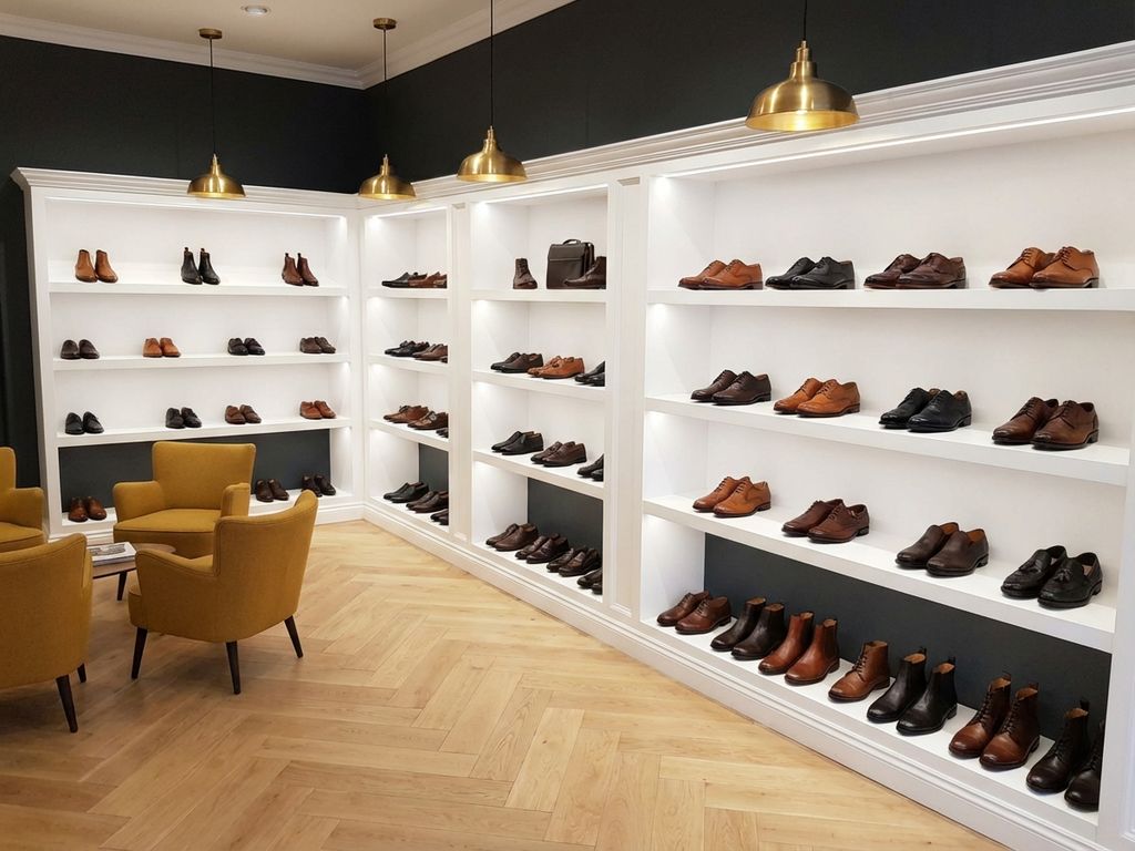 Professionele B2B schoenengroothandel showroom met leren schoenen op witte planken, warme verlichting en gele stoelen
