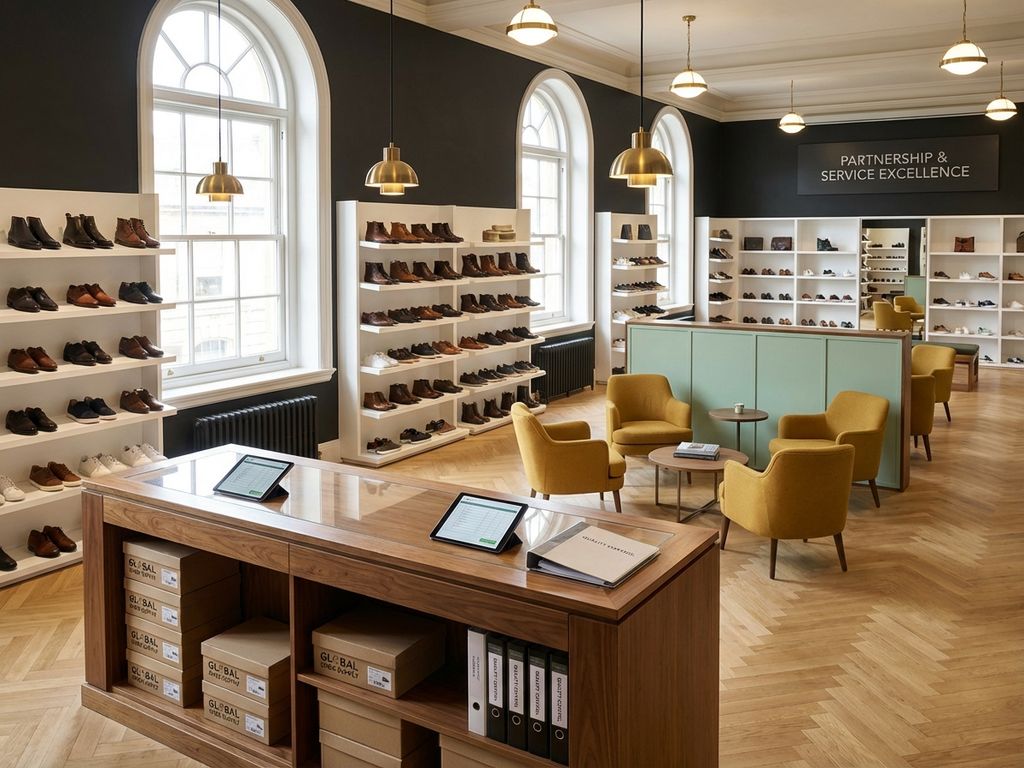 B2B schoenengrossier showroom met witte planken vol schoenen, houten toonbank met bestellingstablets en leveringsdozen