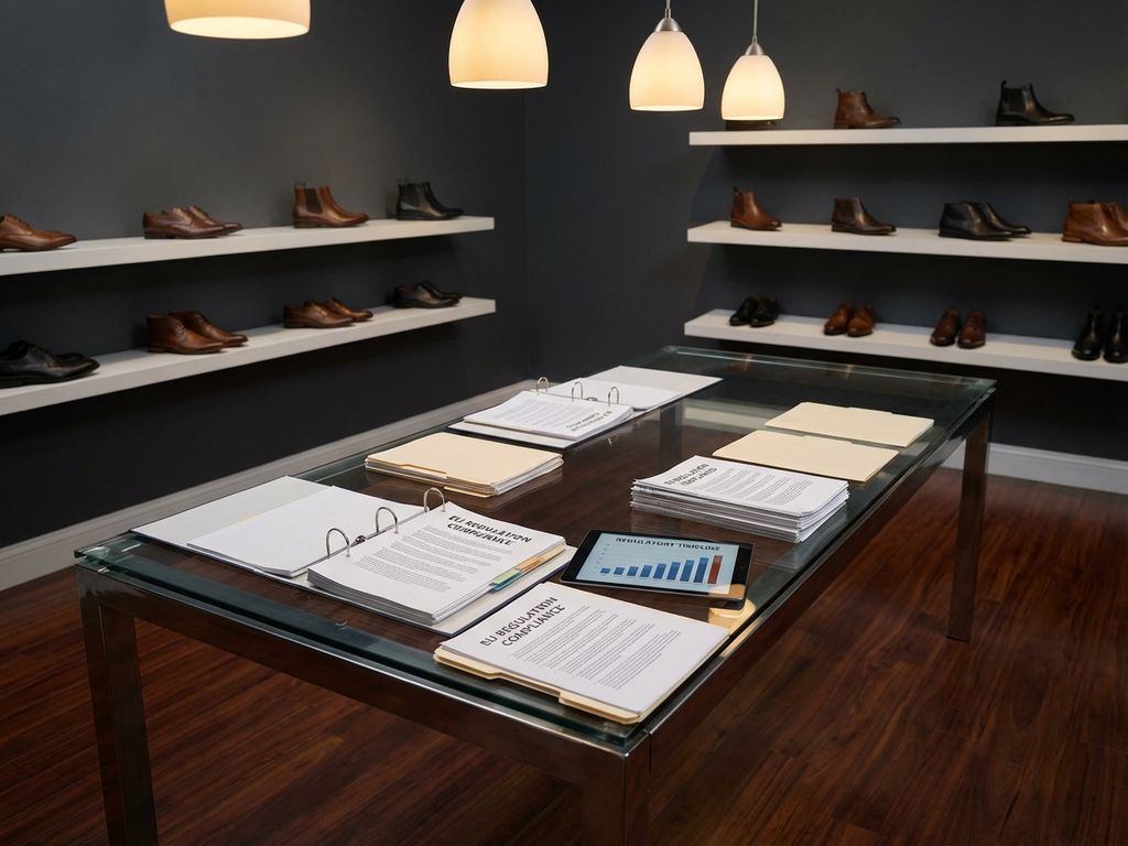 B2B schoenenshowroom met EU-compliance documenten op glazen vergadertafel, zakelijke schoenen op planken, tablet met regelgeving