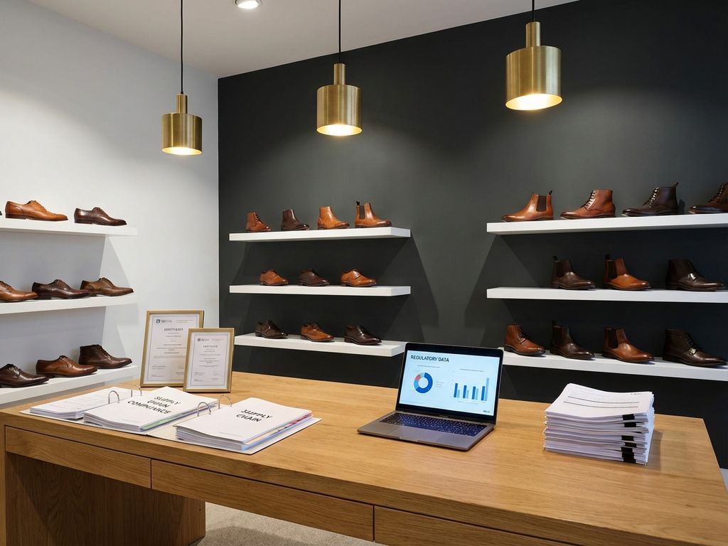 Moderne B2B schoenenshowroom met leren schoenen op witte planken en bureau met compliance documenten en laptop
