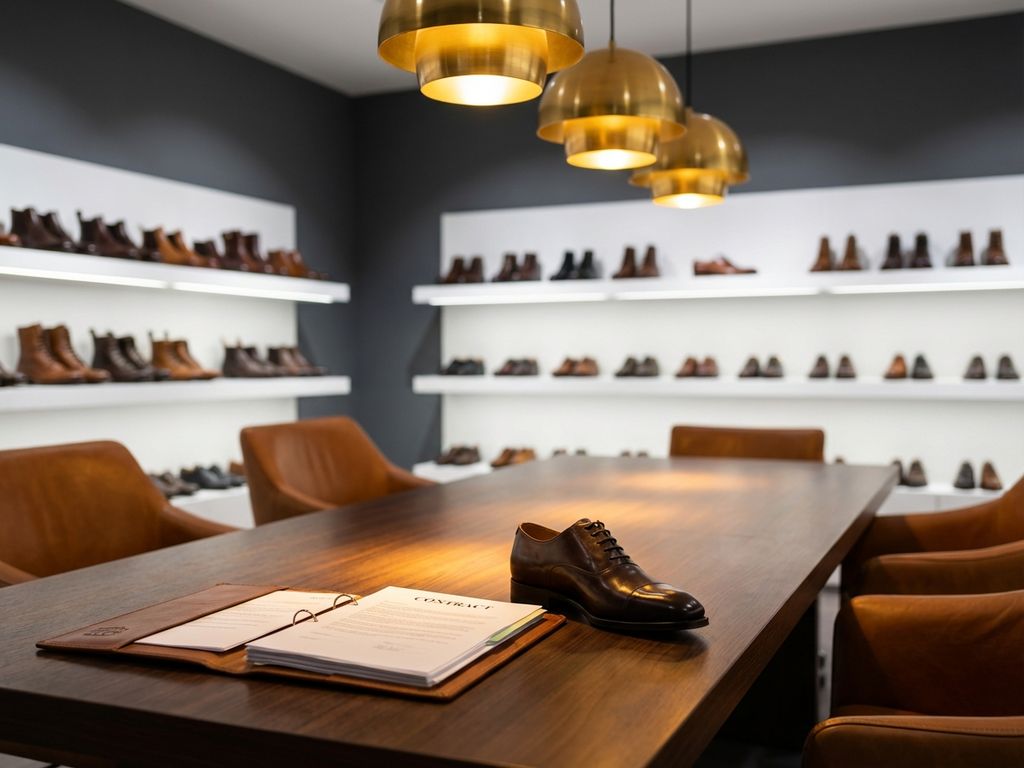 Professionele B2B-showroom met leren schoen op contractdocumenten aan conferentietafel, schoenenrek op achtergrond