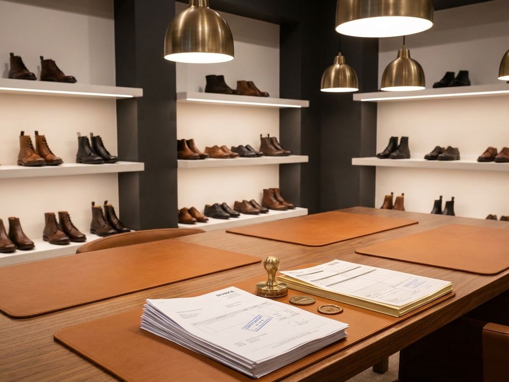 Professionele B2B schoenenshowroom met douanedocumenten op houten bureau en verlichte leren schoenen op witte planken