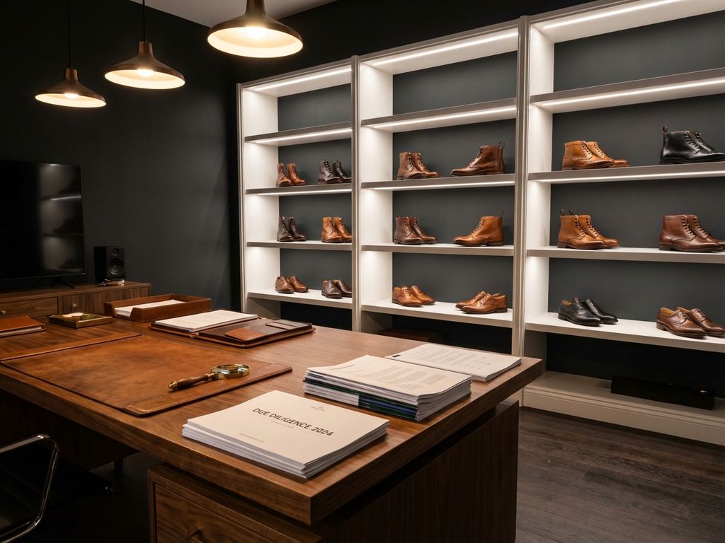 Professionele B2B schoenenshowroom met zakelijke documenten, vergrootglas en premium leren schoenen op displayplanken