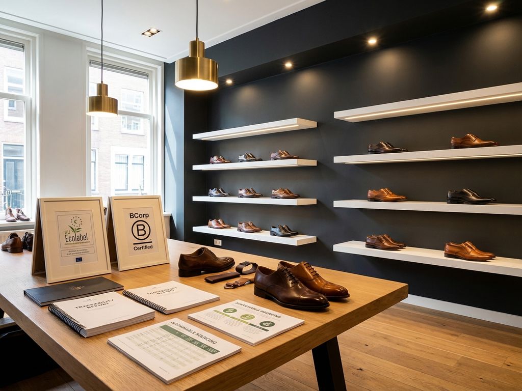 B2B schoenwinkel showroom met duurzaamheidscertificaten, leren schoenen op witte planken en houten bureau