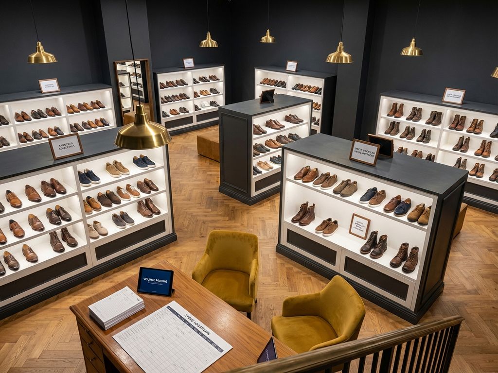 Professionele B2B schoenenshowroom met diverse schoenen op witte planken, houten bureau met prijslijsten en gele stoelen