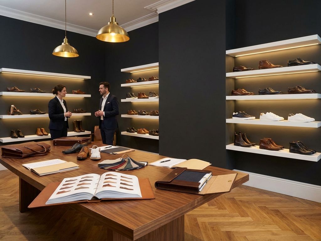 Professionele B2B schoenenshowroom met elegante wanddisplays, houten conferentietafel en zakelijke catalogi