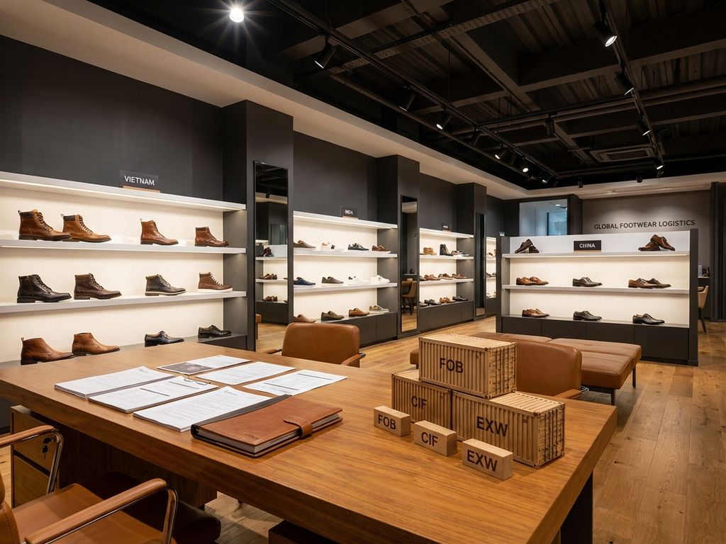 Moderne B2B schoenenhandel showroom met internationale logistiek documenten en diverse schoenencollecties op witte planken