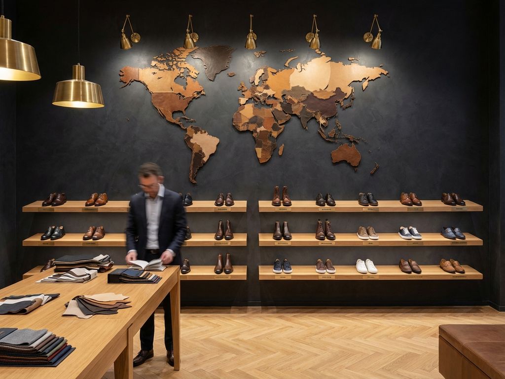 B2B schoenen showroom met leren wereldkaart, internationale footwear collectie op houten planken en consultatietafel