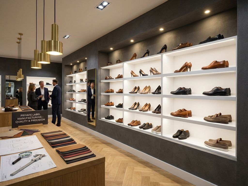 Professionele B2B schoenenshowroom met leren schoenen op witte planken, werkstation met materiaalstalen en kwaliteitstools