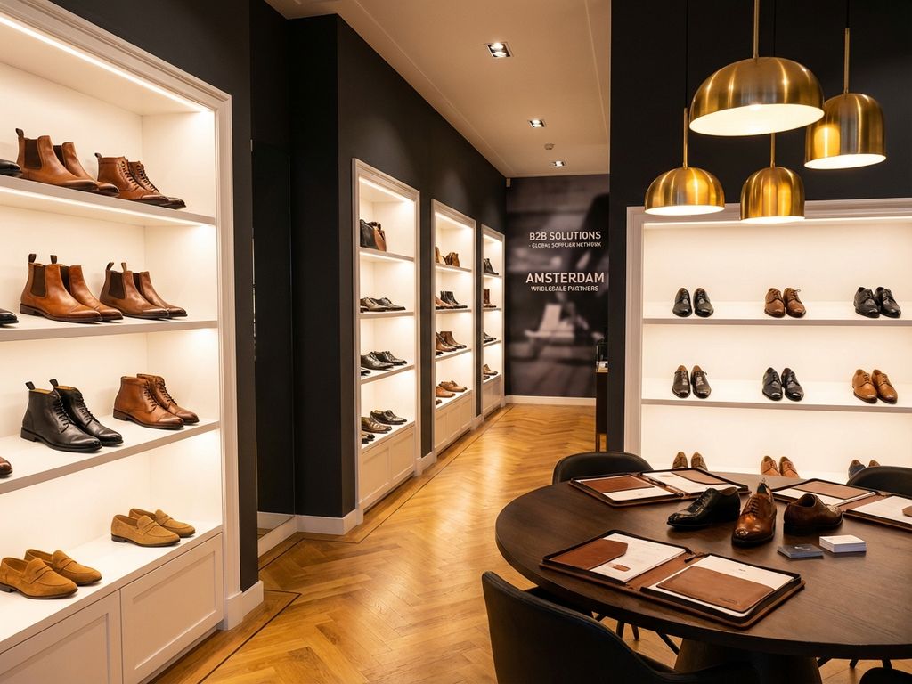 Professionele B2B schoenenshowroom met premium leren schoenen op witte planken, zakelijke vergadertafel en warme verlichting