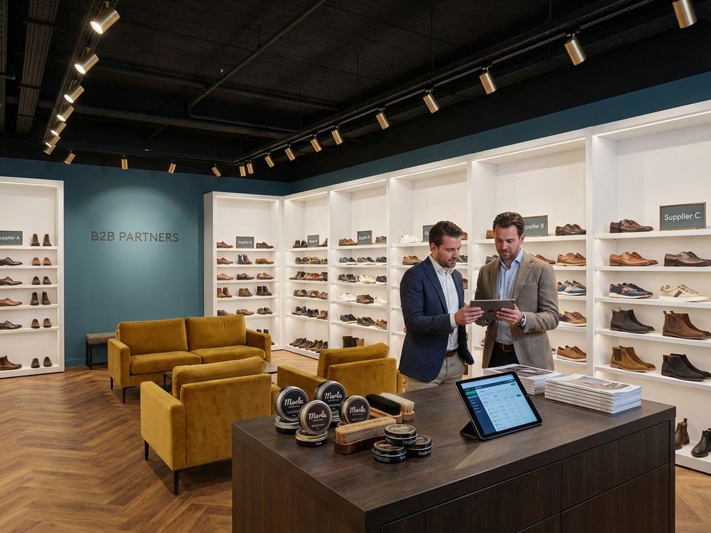 Moderne B2B schoenenshowroom met georganiseerde displays van diverse leveranciers, professionele verlichting en Marla verzorgingsproducten