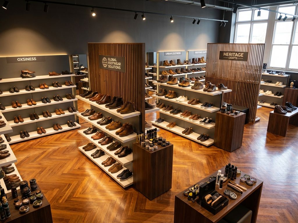 Professionele B2B schoenenwinkel showroom met georganiseerde displays, diverse schoenencollecties en warme verlichting