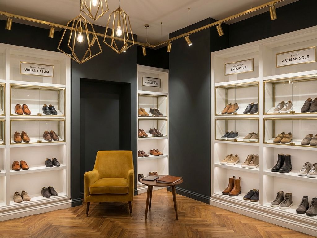 Premium B2B schoenenshowroom met witte displays, diverse schoencollecties en warme verlichting op donkere achtergrond.