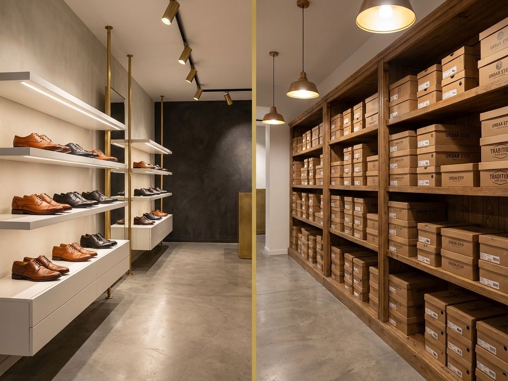 Professionele B2B schoenenshowroom met links elegante private label schoenen op witte planken, rechts groothandel dozen op houten rekken