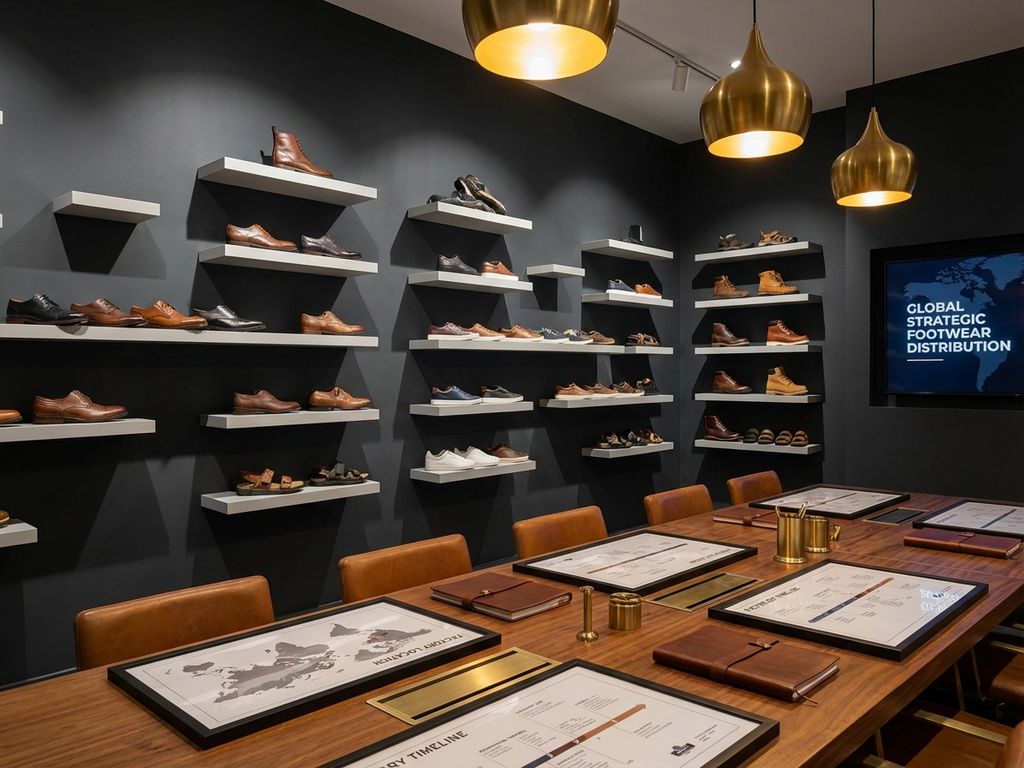 B2B schoenenshowroom met witte displayplanken vol diverse schoenstijlen, houten vergadertafel met productiekaarten en warme verlichting