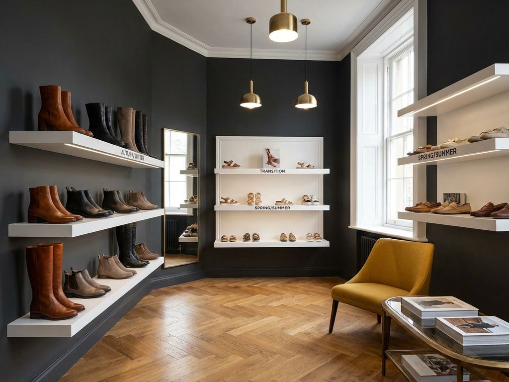 Professionele B2B schoenenwinkel met seizoenscollecties op witte planken, eiken vloer en warme verlichting