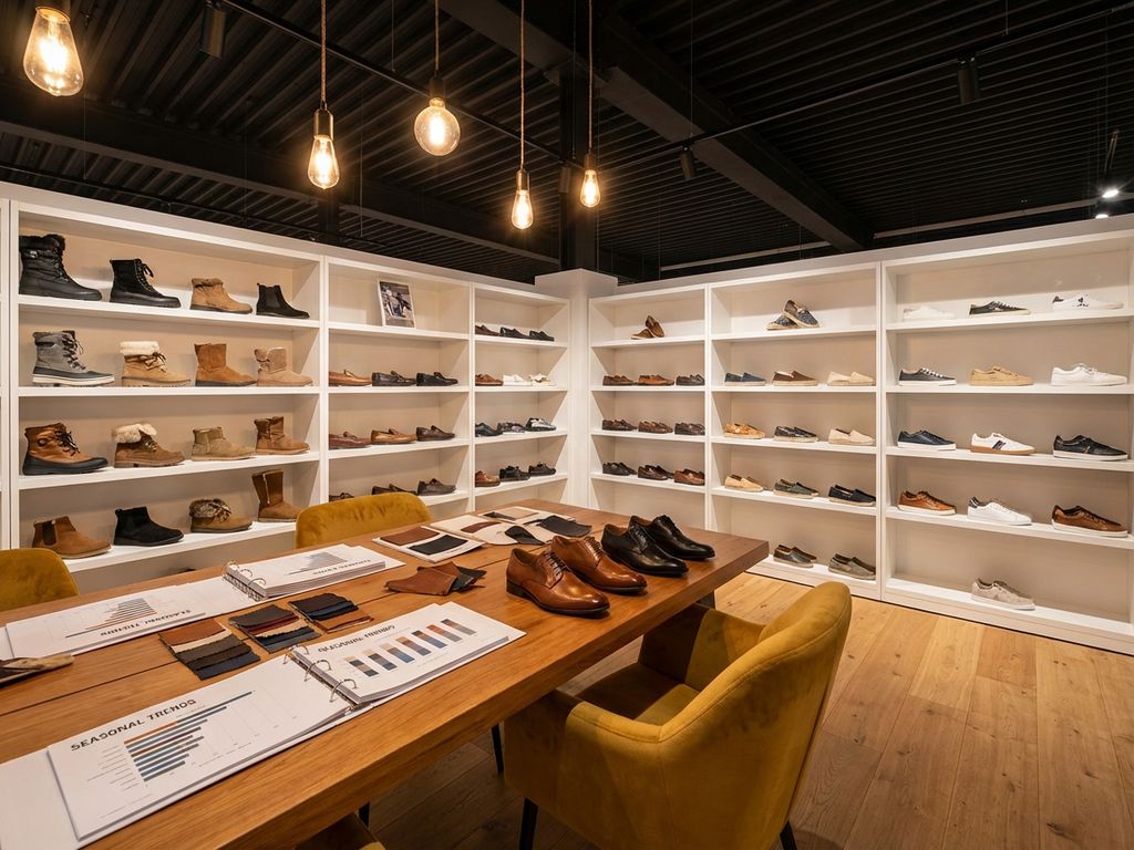 B2B schoenenwinkel met seizoensgebonden collectie op witte planken, houten bureau met verkoopgrafieken en leermonsters