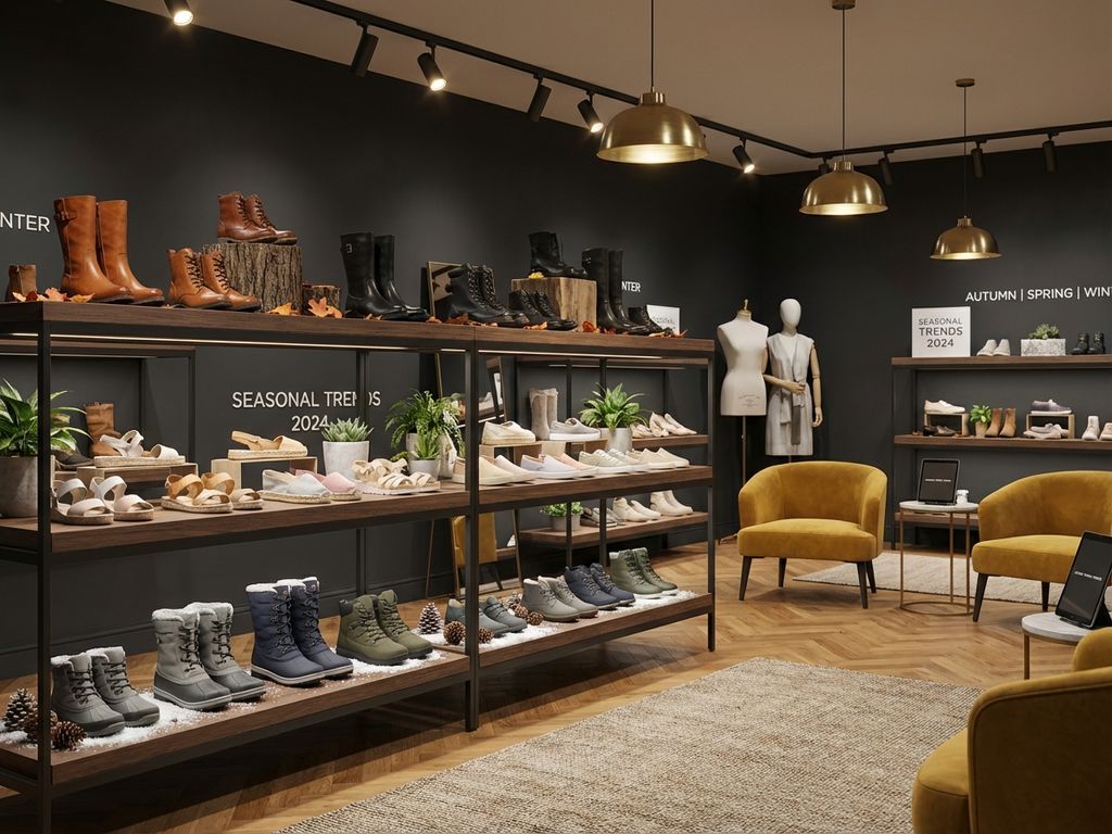 Moderne B2B schoenenwinkel met seizoensgebonden collecties op houten planken, warme verlichting en premium interieur