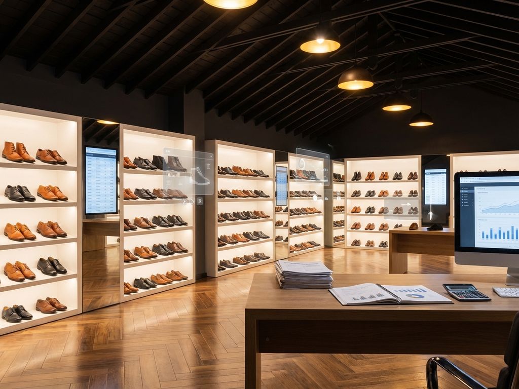 Professionele B2B schoenenshowroom met georganiseerde leren schoenen op witte planken en inventarisdocumenten op bureau