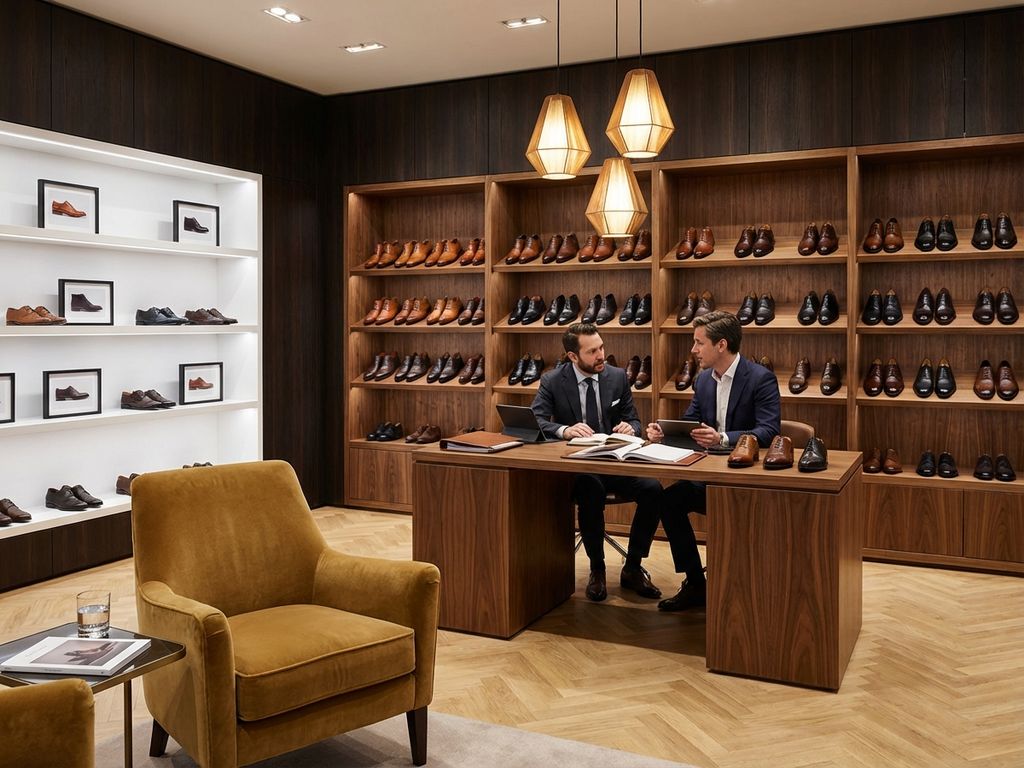 Professionele B2B schoenenshowroom met leren schoenen op houten displays, bureau met documenten en warme verlichting