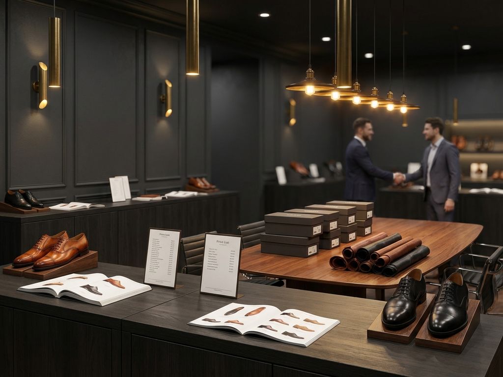 Zakelijke schoenengrossier showroom met leren monsters, productcatalogi en professionals die handen schudden op achtergrond