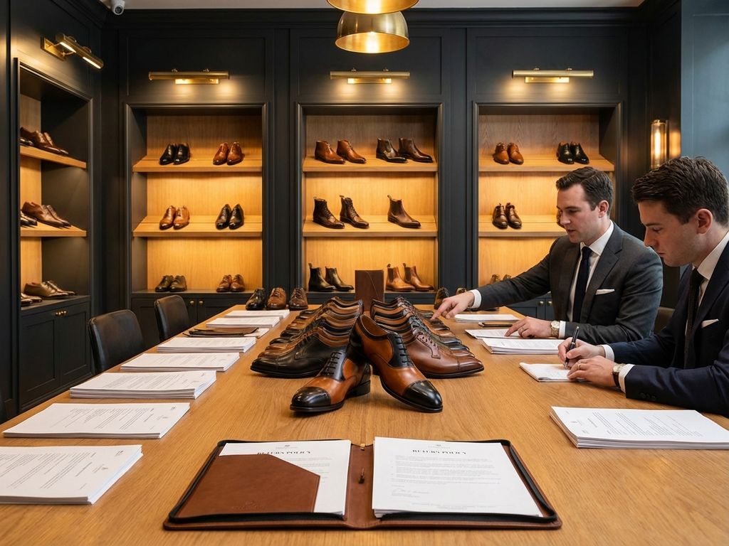 Professionele B2B schoenenwinkel met leren schoenen, contractdocumenten en productdisplays voor groothandelsonderhandelingen