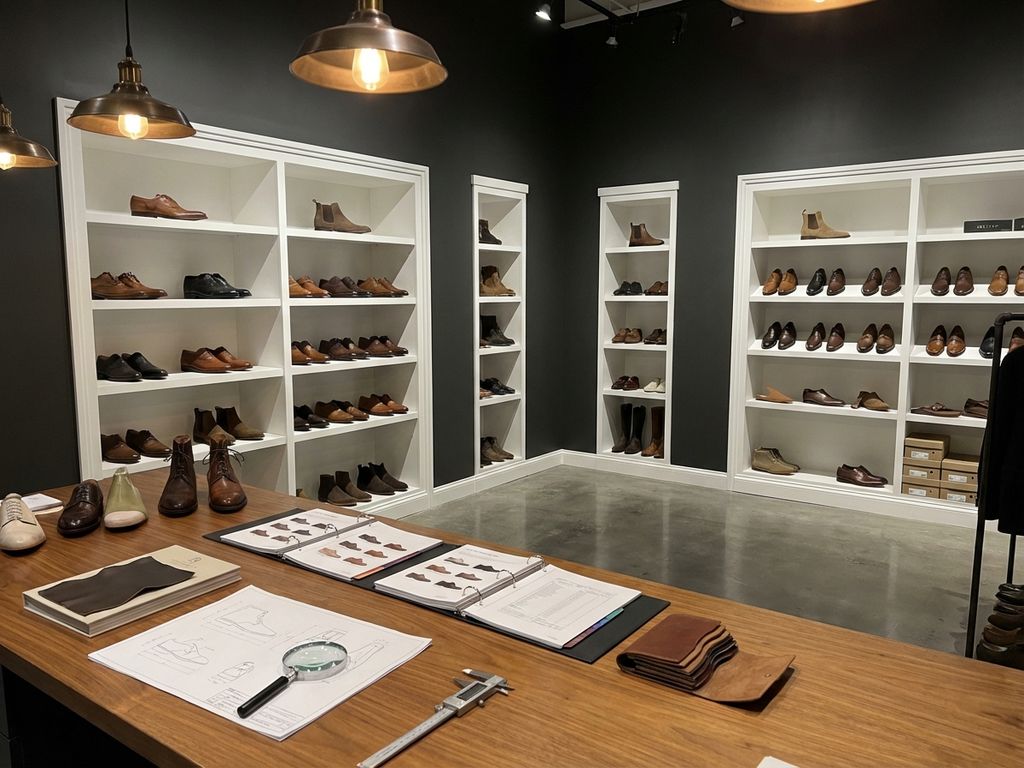 Professionele B2B schoenenshowroom met leren schoenen en laarzen op witte planken, documenten op houten bureau