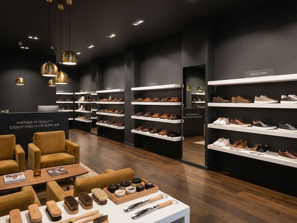 Professionele B2B schoenenshowroom met diverse schoencollecties op witte planken, warme verlichting en moderne inrichting