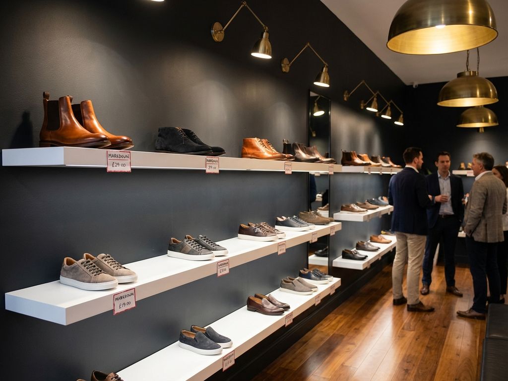 Professionele B2B schoenenshowroom met strategische markdown-indeling, leren laarzen op witte planken, warme verlichting