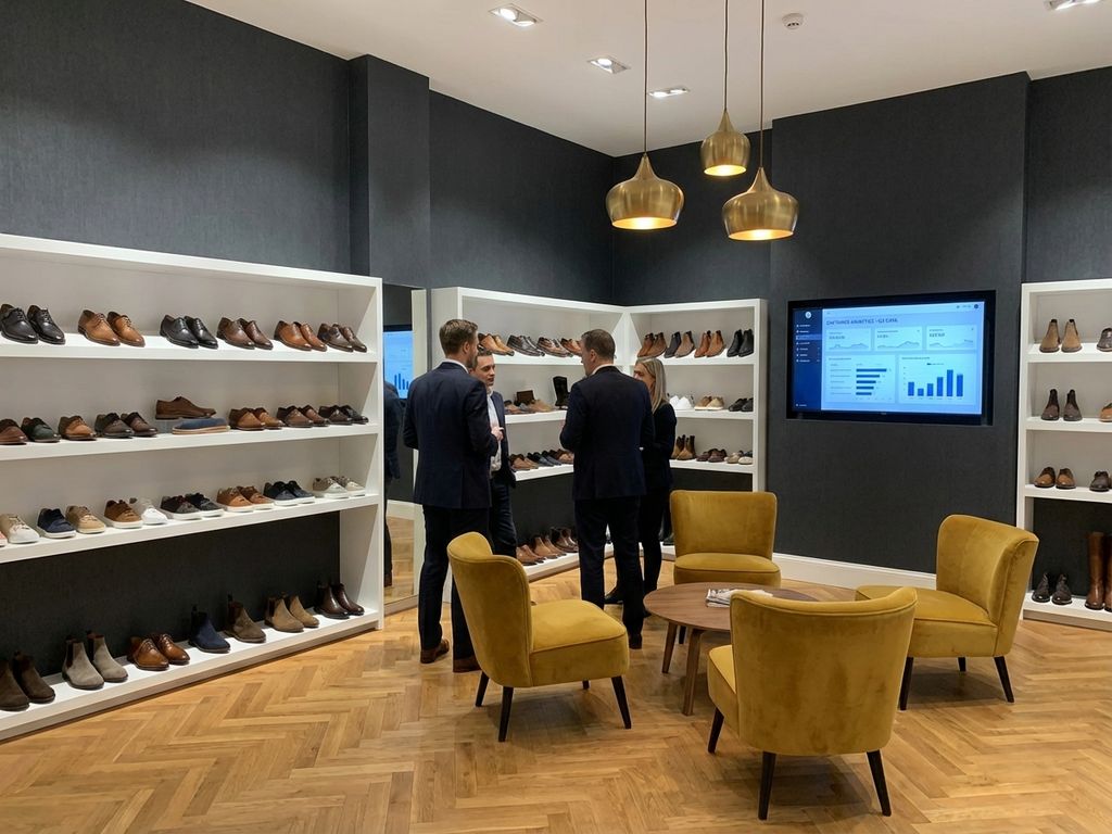 Moderne B2B schoenenwinkel met diverse collecties op witte schappen, digitaal scherm en gele stoelen voor klantconsultatie