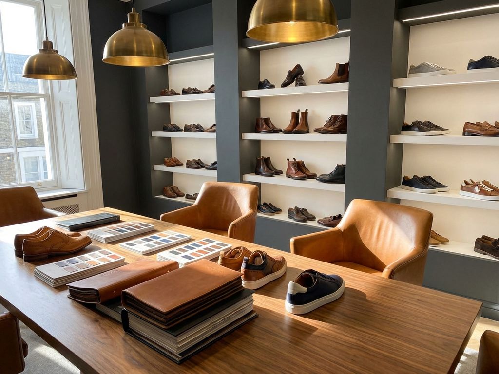 Professionele B2B schoenenshowroom met vergadertafel, leermonsters, schoenprototypes en diverse schoencollectie op planken