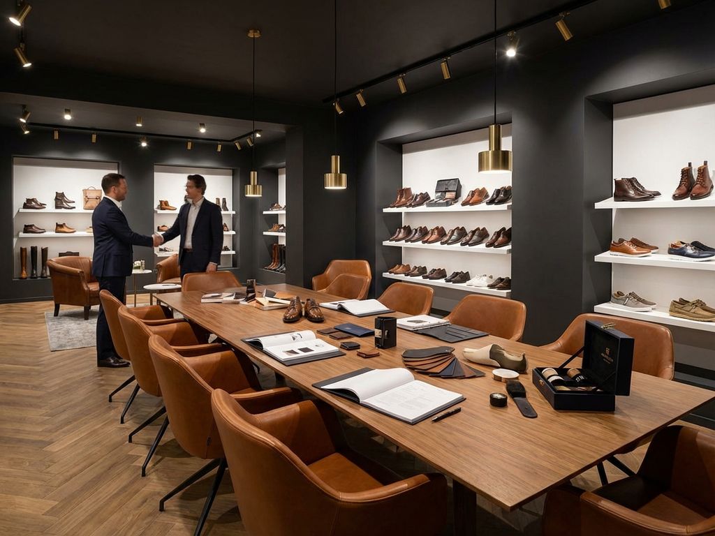 Professionele B2B schoenenwinkel vergaderruimte met cognac leren stoelen, houten tafel en premium schoendisplays op achtergrond