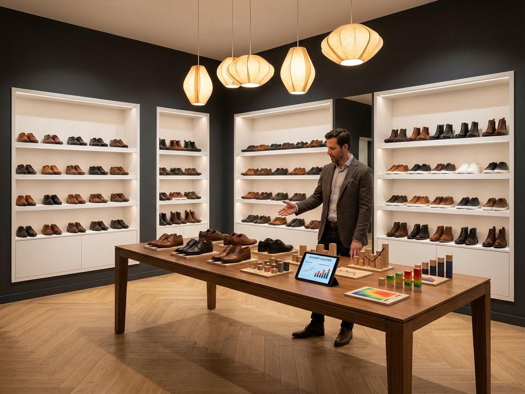 Moderne B2B schoenenwinkel met georganiseerde schoenencollectie op witte planken en data-analyse grafieken op tafel