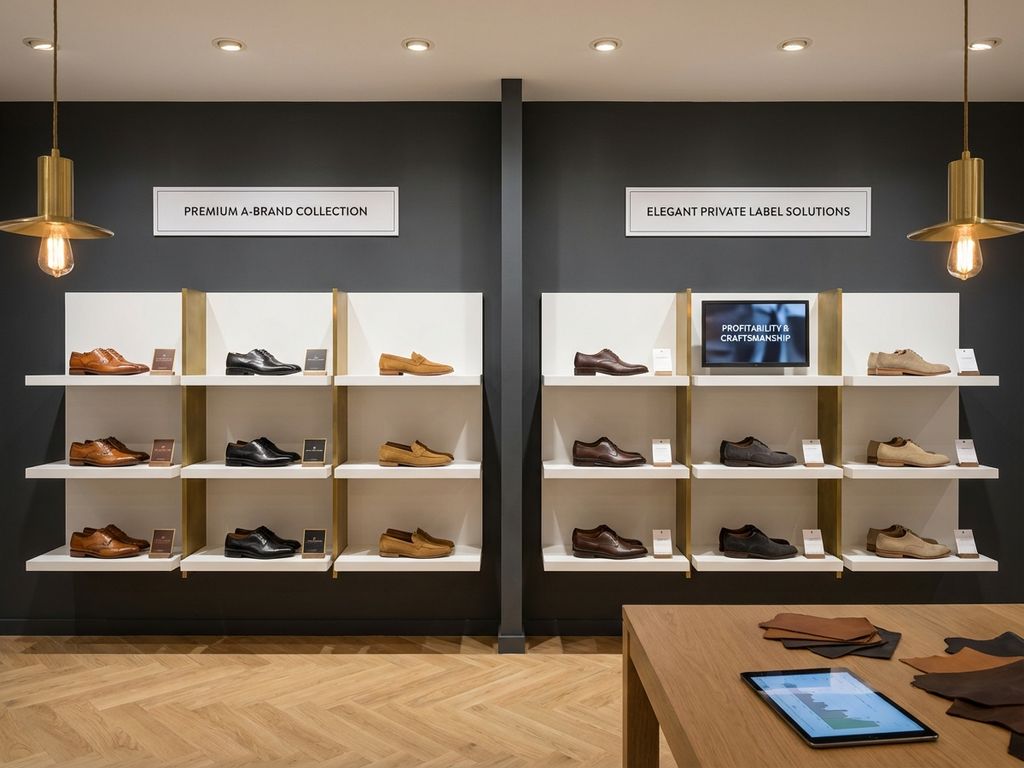 B2B schoenenshowroom met premium merkschoenen en private label alternatieven op witte planken tegen antraciet muur