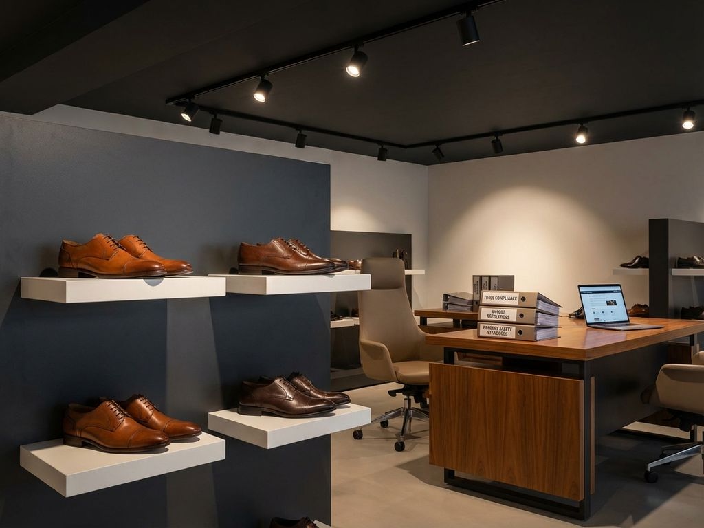 Elegante zakelijke leren schoenen op witte planken in moderne B2B showroom met warme verlichting en compliance documenten
