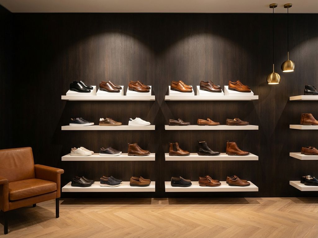 Professionele B2B schoenenshowroom met gelaagde wanddisplays, premium leren schoenen bovenaan, vrijetijdsschoenen midden
