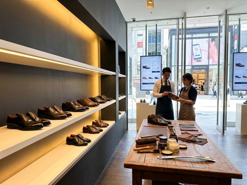 Luxe leren schoenen op witte planken in B2B-showroom met houten overlegtafel en schoenonderhoudgereedschap
