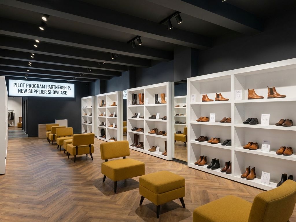 Professionele B2B schoenenwinkel met systematisch gerangschikte collectie op witte planken, warme verlichting en moderne inrichting