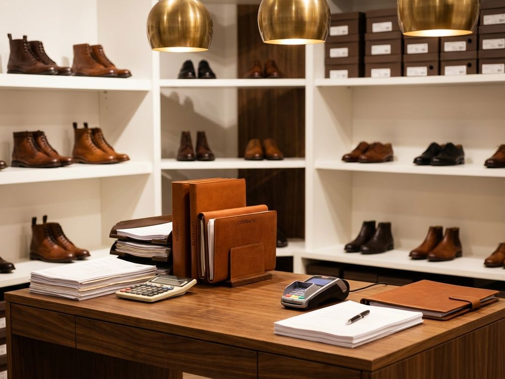 Zakelijke showroom met houten bureau, financiële documenten, rekenmachine en schoeneninventaris op achtergrond