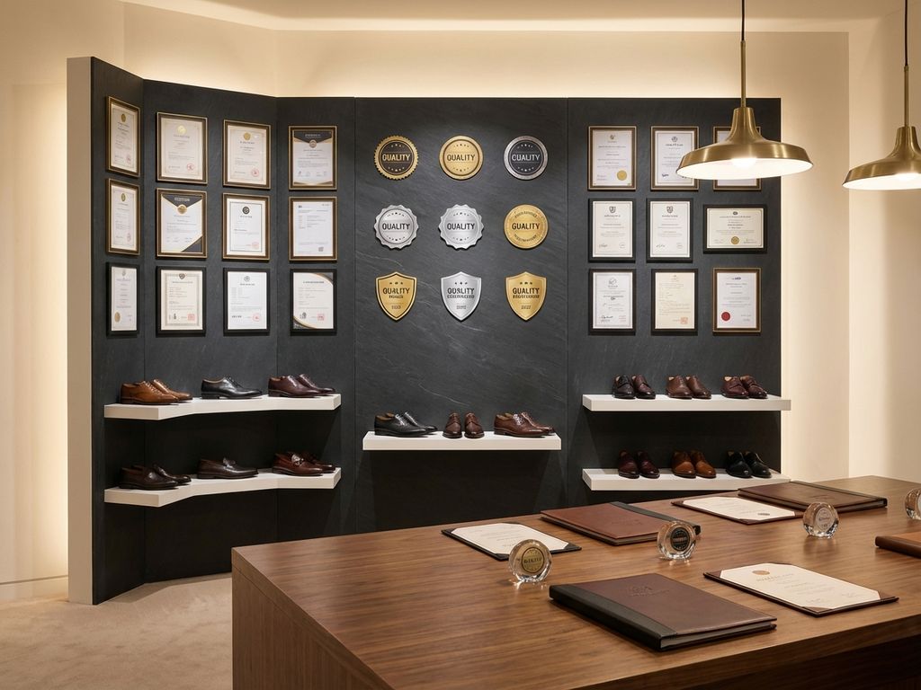 Professionele B2B showroom met certificeringswand, luxe leren schoenen op planken en kwaliteitsdocumentatie op tafel