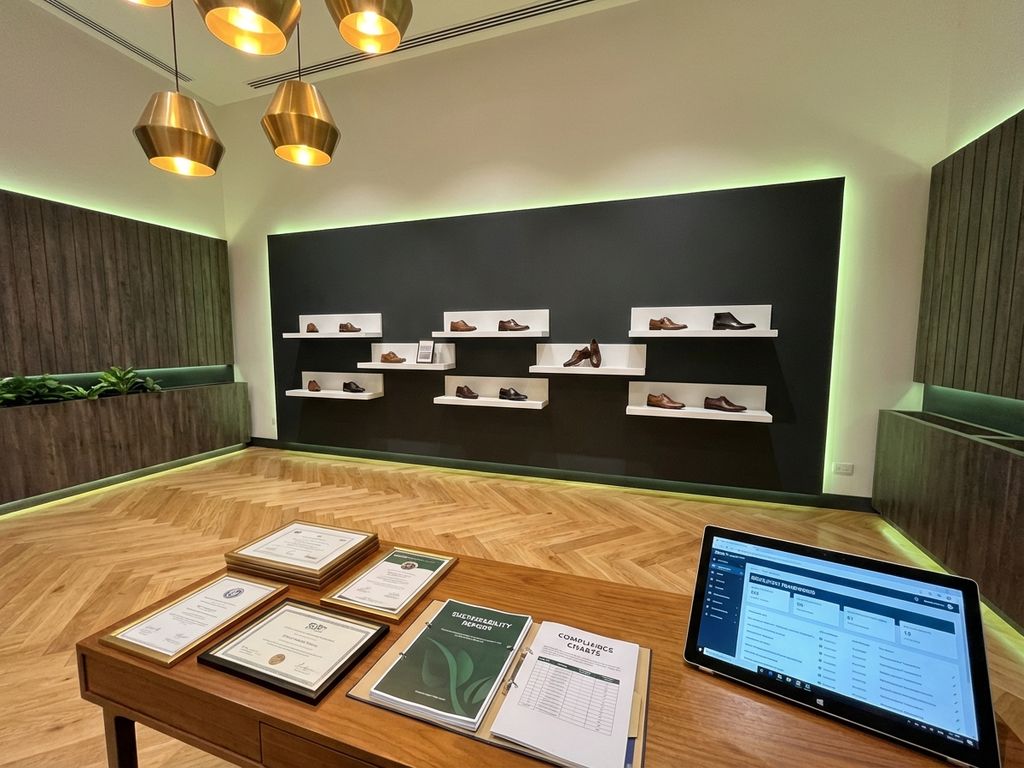 Moderne B2B showroom met premium zakenschoenen op witte planken, houten bureau met duurzaamheidsdocumenten en tablet