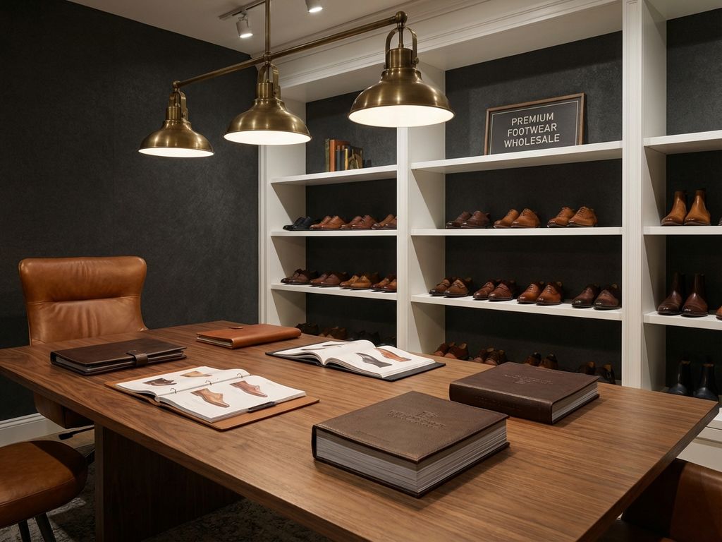 Professionele B2B schoenen showroom met vergadertafel, leren stoelen en premium schoenen op witte planken