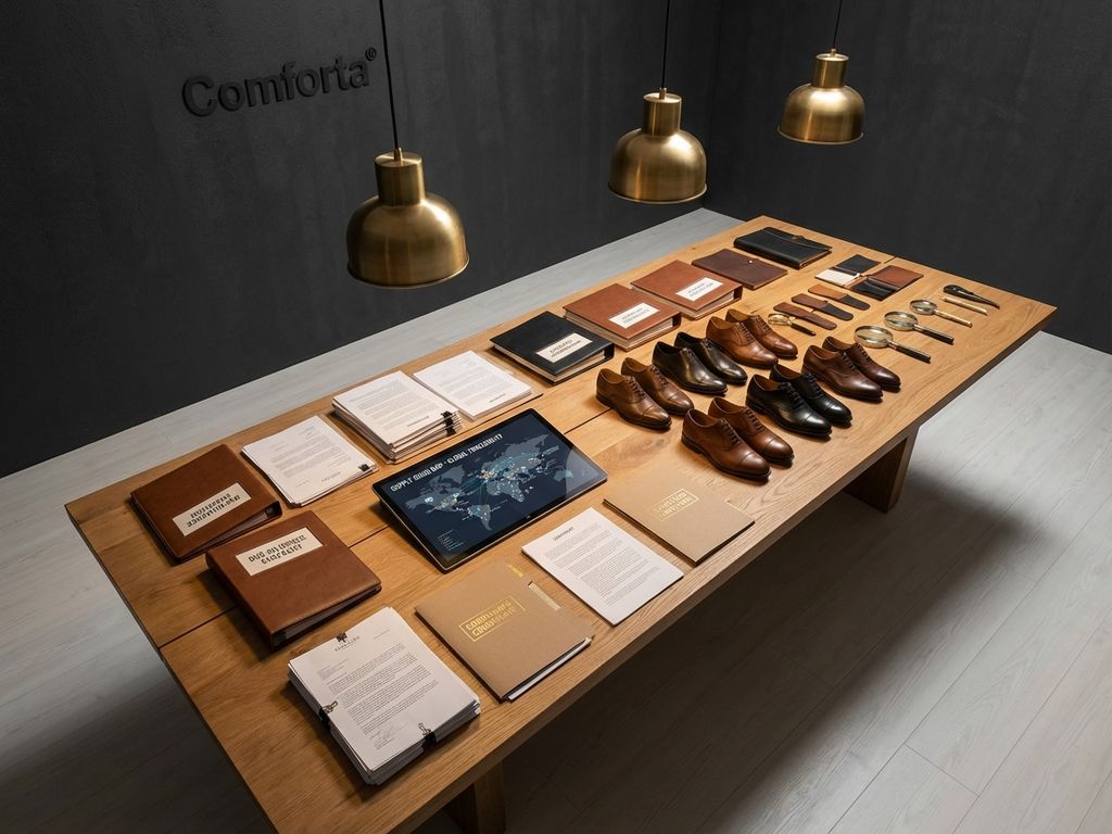 Bovenaanzicht B2B-showroom vergadertafel met documenten, tablet met supply chain graphics en leren schoenmonsters