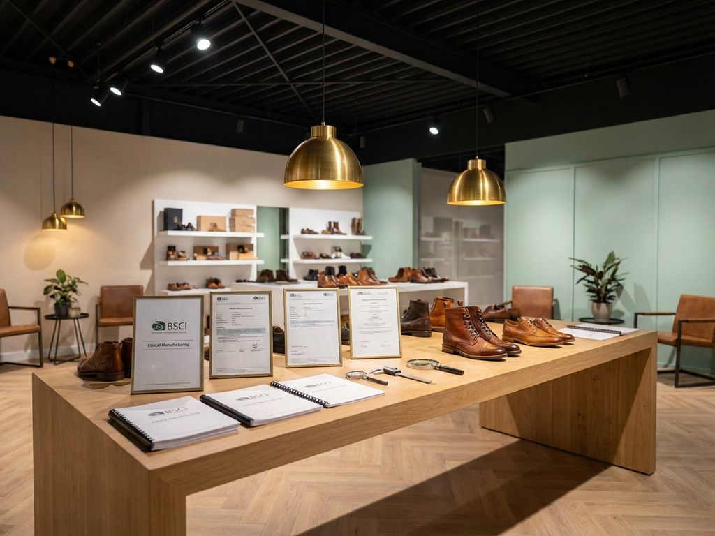 BSCI-certificeringsdocumenten op houten presentatietafel in moderne B2B-showroom met ethische schoencollectie op achtergrond