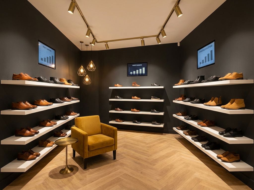 Luxe schoenenshowroom met comfortschoenen op witte planken tegen donkere muren, warme verlichting en eiken vloer