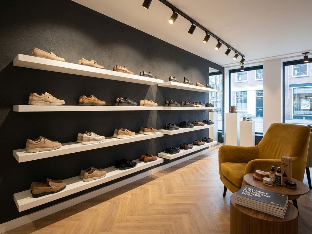 Professionele B2B schoenenshowroom met comfortschoenen op witte planken tegen donkere muur, warme LED-verlichting