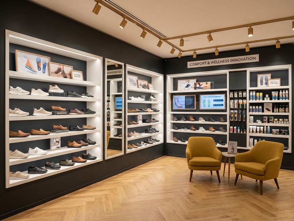 Moderne B2B-schoenenwinkel met comfortabele orthopedische sneakers en ondersteunende wandelschoenen op witte planken