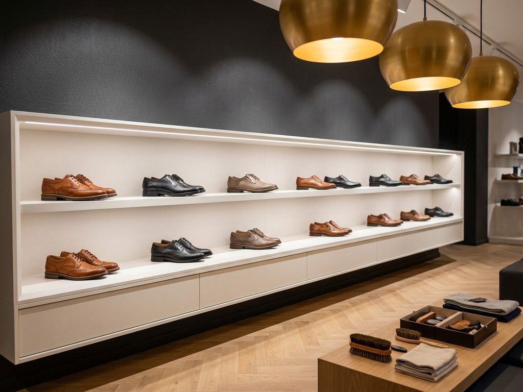 Luxe leren comfortschoenen op witte plank tegen donkere muur in elegante showroom met warme verlichting