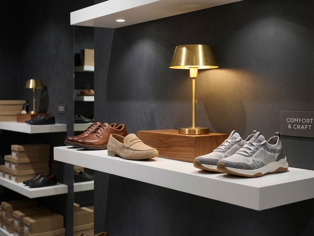 Luxe comfortschoenen op witte planken in moderne winkel, inclusief leren wandelschoenen, loafers en sneakers